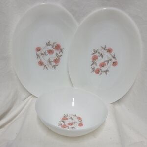 Vintage Fire King Fleurette Milk Glass Platters And Serving Bowl, Set Of 3